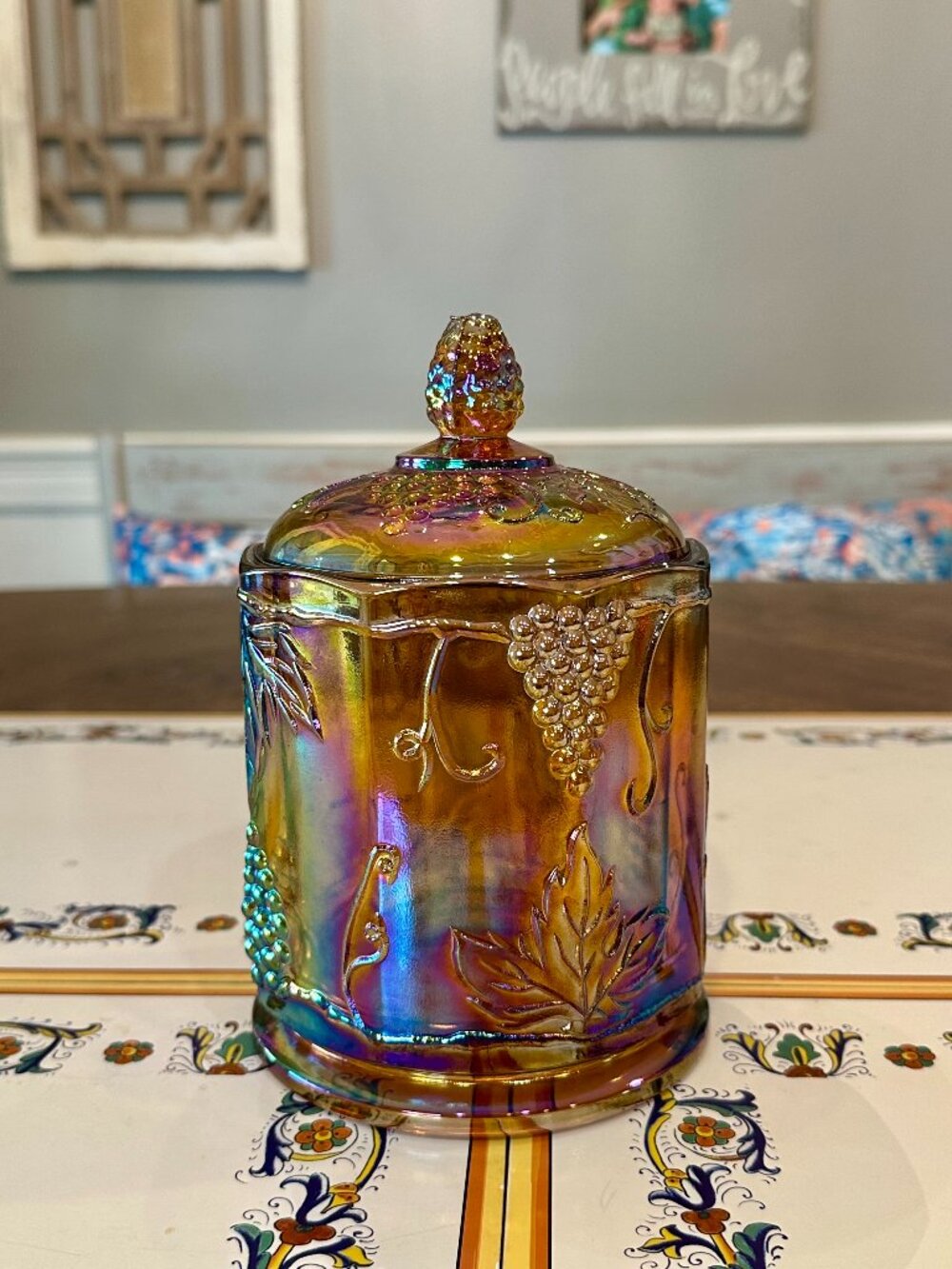 vintage Indiana Glass Harvest Grape Marigold Carnival Glass Canister